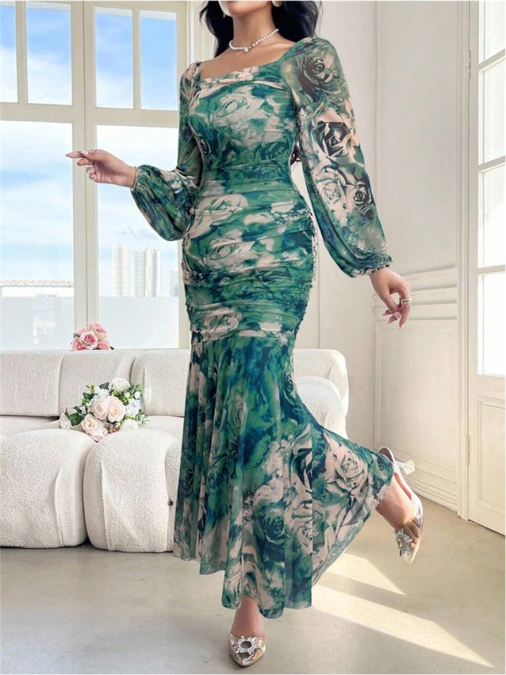 NEW - Elegant Green Floral Mermaid Maxi Dress Square Neck Mesh Sleeve